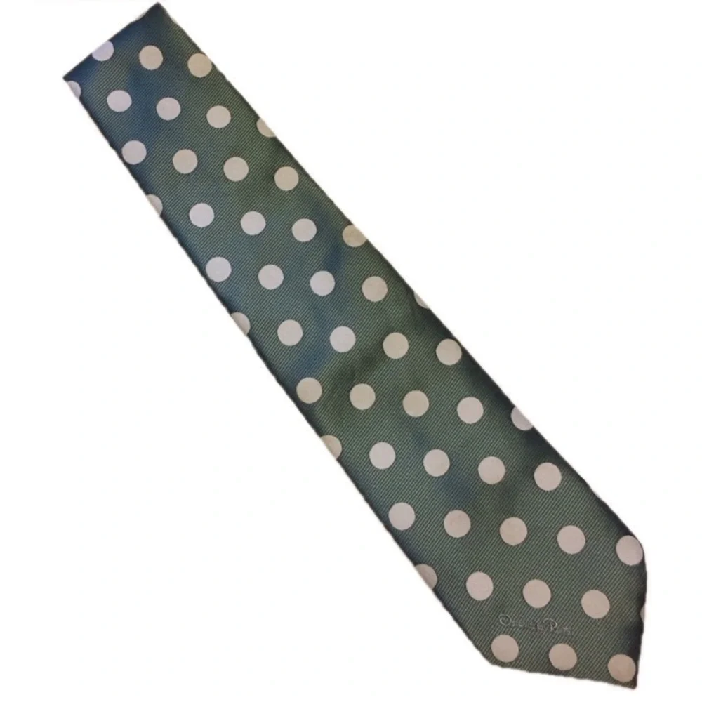 Oscar De La Renta Men’s Green & Cream Polka Dot Necktie - Picture 2 of 3